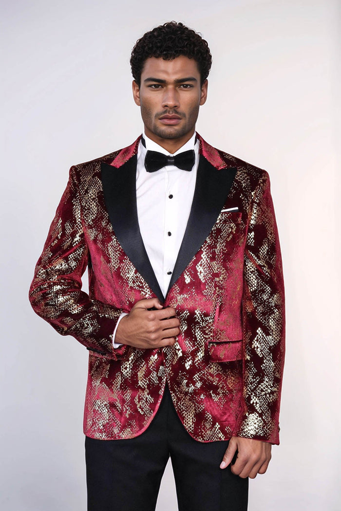 Peak Lapel Slim Fit Gold Patterned Burgundy Men Party Blazer - Wessi - Upscale Men's Fashion