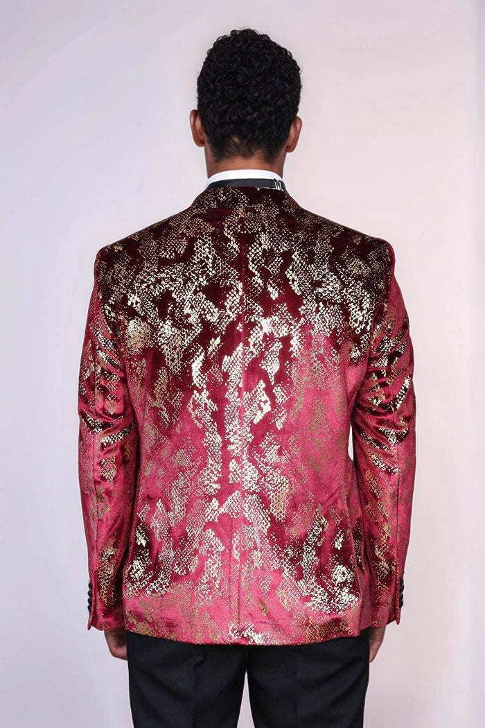 Peak Lapel Slim Fit Gold Patterned Burgundy Men Party Blazer - Wessi - Upscale Men's Fashion