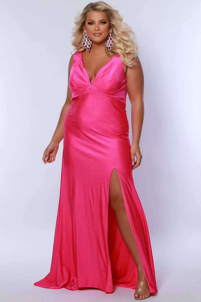 Sydney's Closet SC7369 Pink. Fitted silhouette, Stretch Lycra with sparkle, Bra-friendly straps, V-neckline, Empire waist, Ruched back, Slim skirt with sweep train