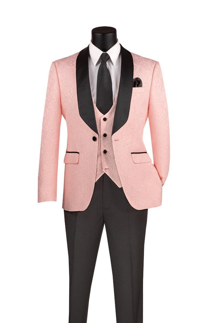 Pink Slim Fit Jacquard 3-Piece Tuxedo with Shawl Lapel – Rivoli Collection - Upscale Men's Fashion