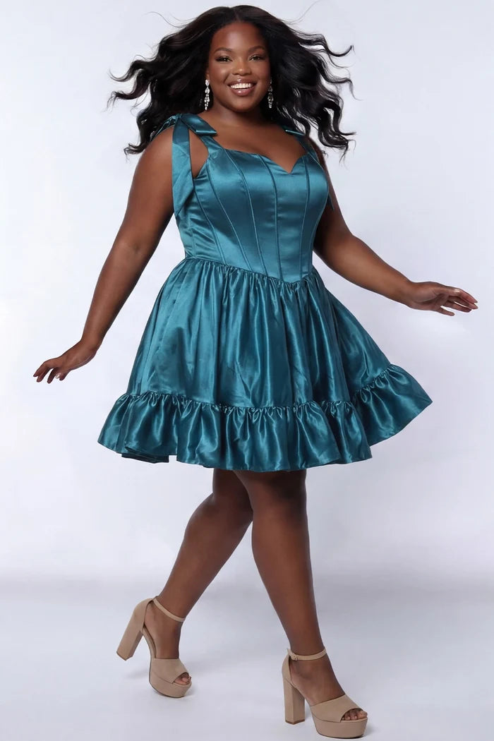 Playful Plus Size Teal Satin Corset Homecoming Dress