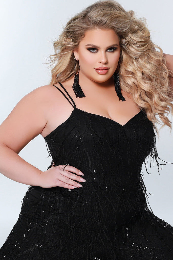 Plus Size Black Sequin Fringe Jumpsuit
