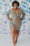 Sydney's CLoset SC8111 short plus size part y  dress with deep V-neckline, long sleeves and high slit. Multi dimensional sequins and ruched bodice.