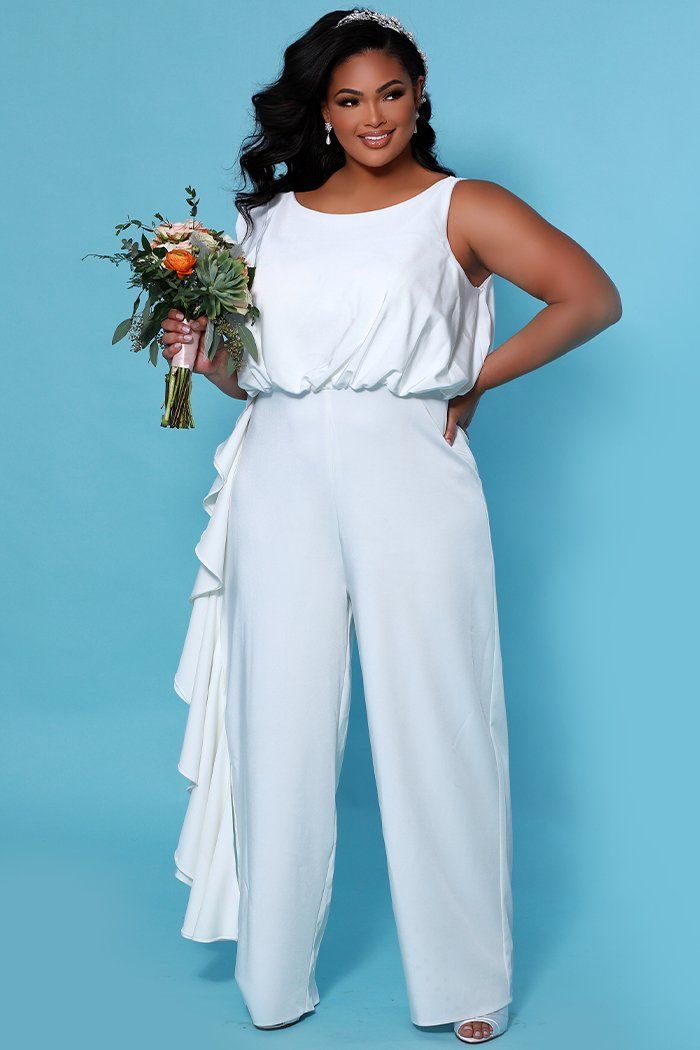 SC5244 Shania Jumpsuit by Sydney's Closet French Crepe fabric bra friendly sleeveless flounce on side of bodice and pant center back zipper available in Ivory