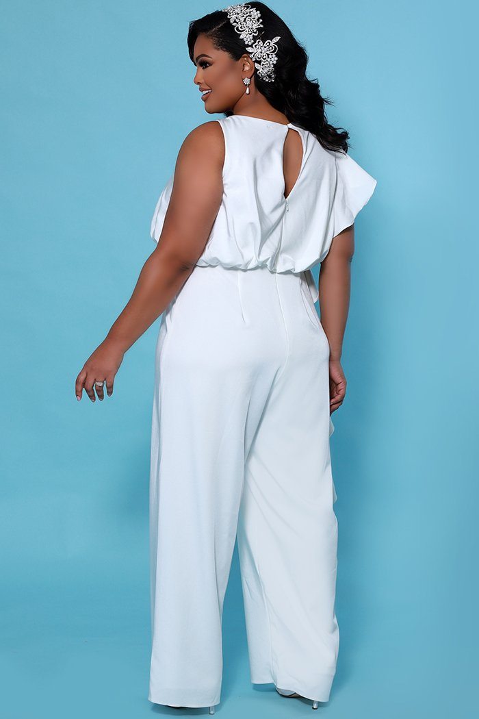 SC5244 Shania Jumpsuit by Sydney's Closet French Crepe fabric bra friendly sleeveless flounce on side of bodice and pant center back zipper available in Ivory