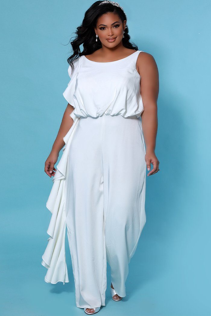 SC5244 Shania Jumpsuit by Sydney's Closet French Crepe fabric bra friendly sleeveless flounce on side of bodice and pant center back zipper available in Ivory
