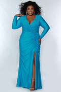 Sydney’s Closet SC7345 Stretch lycra with hot fix stones in bright blue. Fitted silhouette, full length sleeves and a deep V-neckline. Natural waist with ruching and left leg slit. A high back and sweep train.