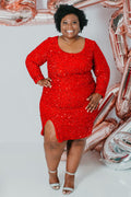 Sydney's Closet Style SC8113 plus size sequin party dress with long sleeves, scoop nekcline and slit. Available in blue, red, black and forest green.