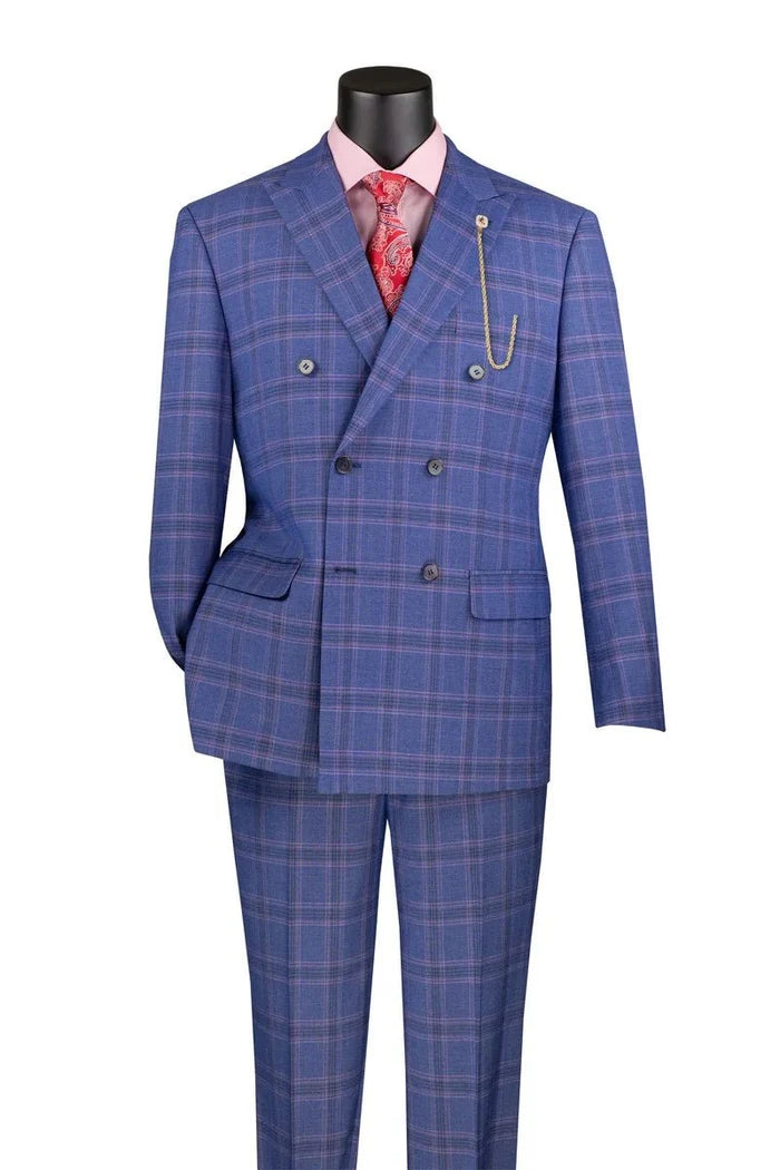 Portofino Collection – Blue Modern Fit Double-Breasted Windowpane Suit - Upscale Men's Fashion