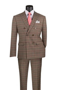 Portofino Collection – Brown Modern Fit Double-Breasted Windowpane Suit - Upscale Men's Fashion