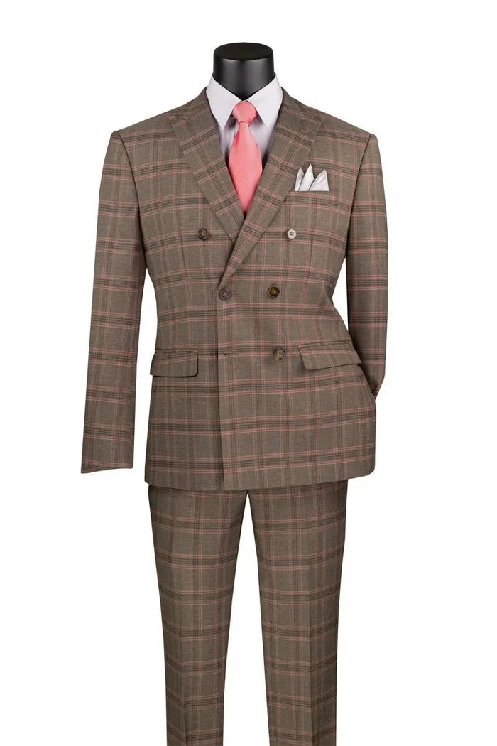 Portofino Collection – Brown Modern Fit Double-Breasted Windowpane Suit - Upscale Men's Fashion