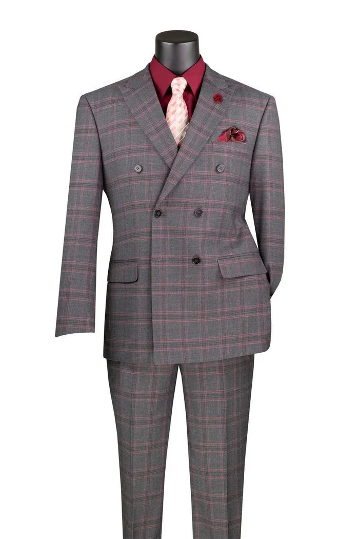 Portofino Collection – Charcoal Modern Fit Double-Breasted Windowpane Suit - Upscale Men's Fashion