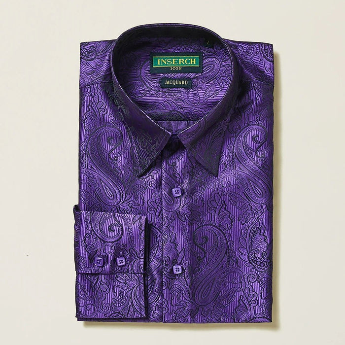 Purple Paisley Long Sleeve Jacquard Shirt - Upscale Men's Fashion