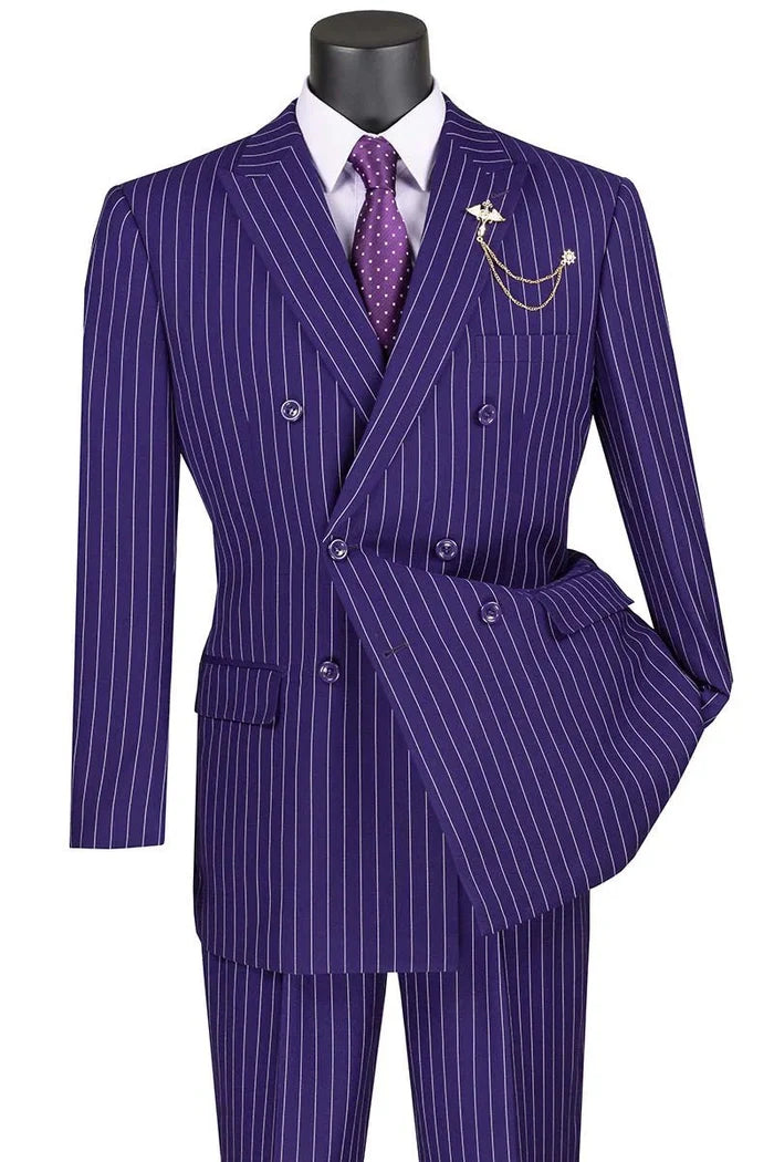 Purple Pinstripe Regular Fit Double-Breasted Suit – Banker Collection - Upscale Men's Fashion