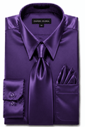 Purple Satin Dress Shirt Set with Matching Tie & Pocket Square - Upscale Men's Fashion
