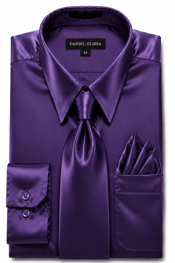 Purple Satin Dress Shirt Set with Matching Tie & Pocket Square - Upscale Men's Fashion
