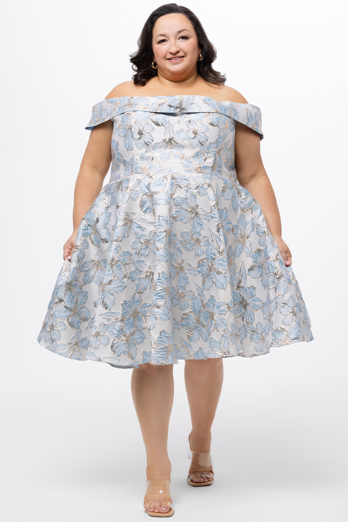 Celebrations by Sydney's Closet CE2610 in Light Blue Floral. 

Plus size knee-length party dress in metallic light blue floral brocde print. Off-the-shoulder neckline, natural waistline and A-line skirt with pockets.