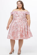Celebrations by Sydney's Closet CE2610 in Light Pink Floral. 

Plus size knee-length party dress in metallic light pink floral brocde print. Off-the-shoulder neckline, natural waistline and A-line skirt with pockets.