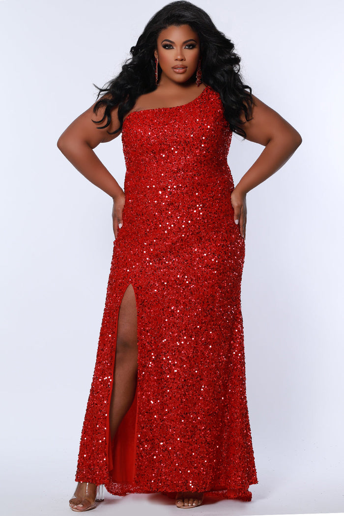 SC7360 one-shoulder plus size prom and evening gown with slit from Sydney's Closet available in red, black, sapphire blue or purple