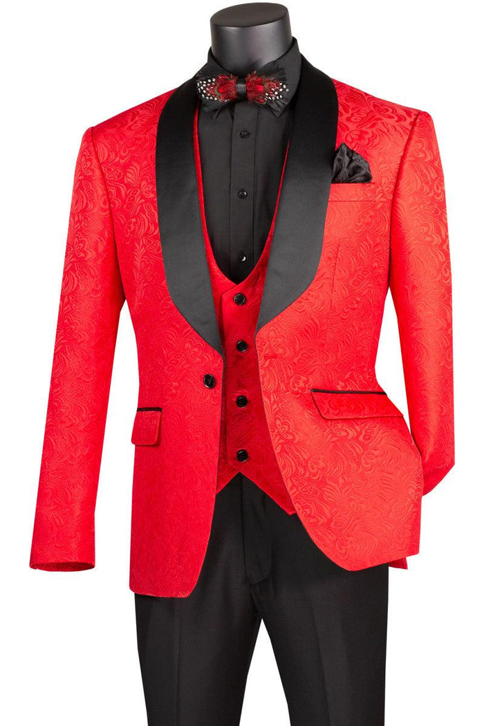 Red Slim Fit Jacquard 3-Piece Tuxedo with Shawl Lapel – Rivoli Collection - Upscale Men's Fashion
