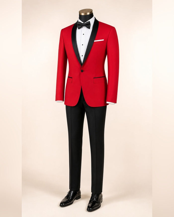 Red Slim Fit Tuxedo with Black Shawl Lapel & Black Pants - Upscale Men's Fashion