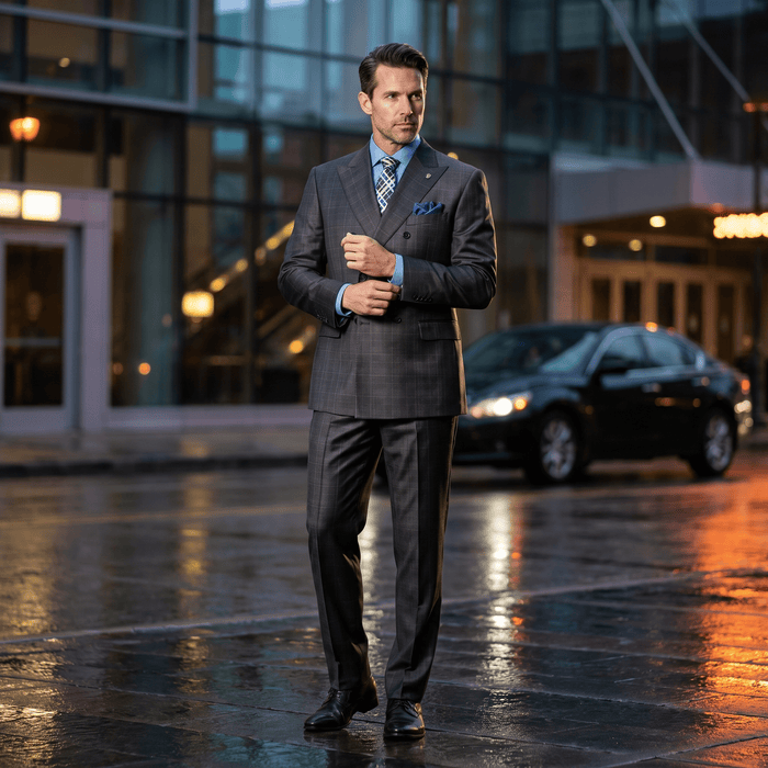 Regular Fit Double-Breasted Glen Plaid 2-Piece Suit – Black - Upscale Men's Fashion