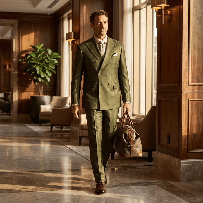 Regular Fit Double-Breasted Glen Plaid 2-Piece Suit – Olive - Upscale Men's Fashion