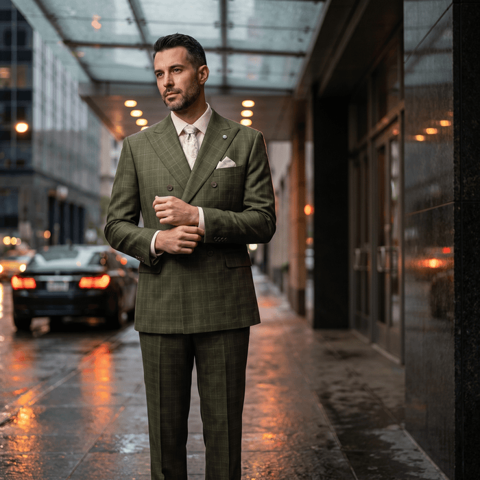 Regular Fit Double-Breasted Glen Plaid 2-Piece Suit – Olive - Upscale Men's Fashion