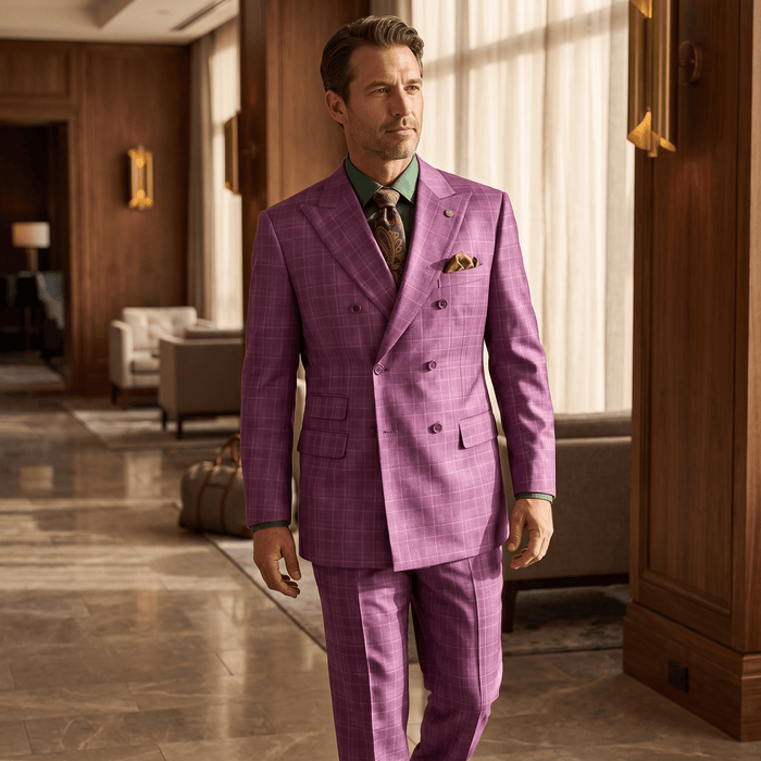 Regular Fit Double-Breasted Glen Plaid 2-Piece Suit – Plum - Upscale Men's Fashion