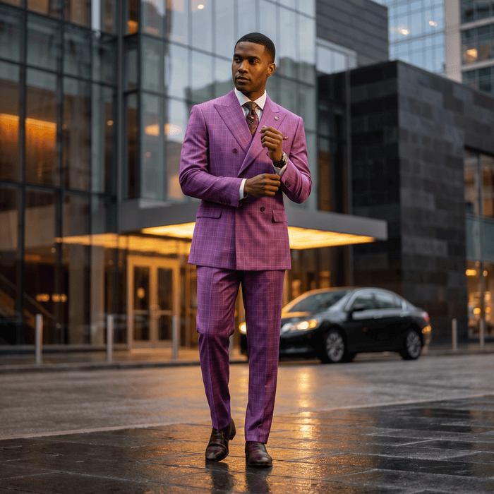 Regular Fit Double-Breasted Glen Plaid 2-Piece Suit – Plum - Upscale Men's Fashion