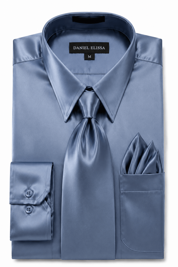 Royal Blue Satin Dress Shirt Set with Matching Tie & Pocket Square - Upscale Men's Fashion