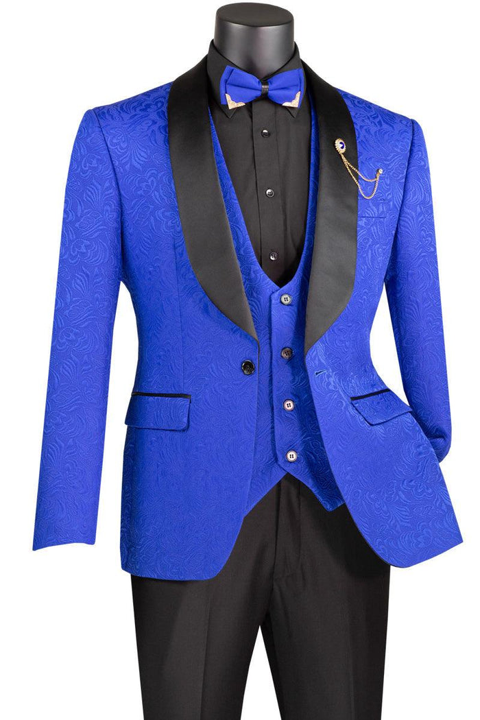 Royal Blue Slim Fit Jacquard 3-Piece Tuxedo with Shawl Lapel – Rivoli Collection - Upscale Men's Fashion