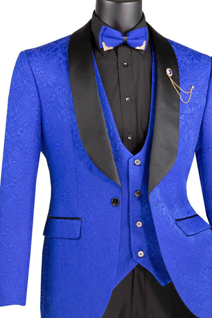 Royal Blue Slim Fit Jacquard 3-Piece Tuxedo with Shawl Lapel – Rivoli Collection - Upscale Men's Fashion