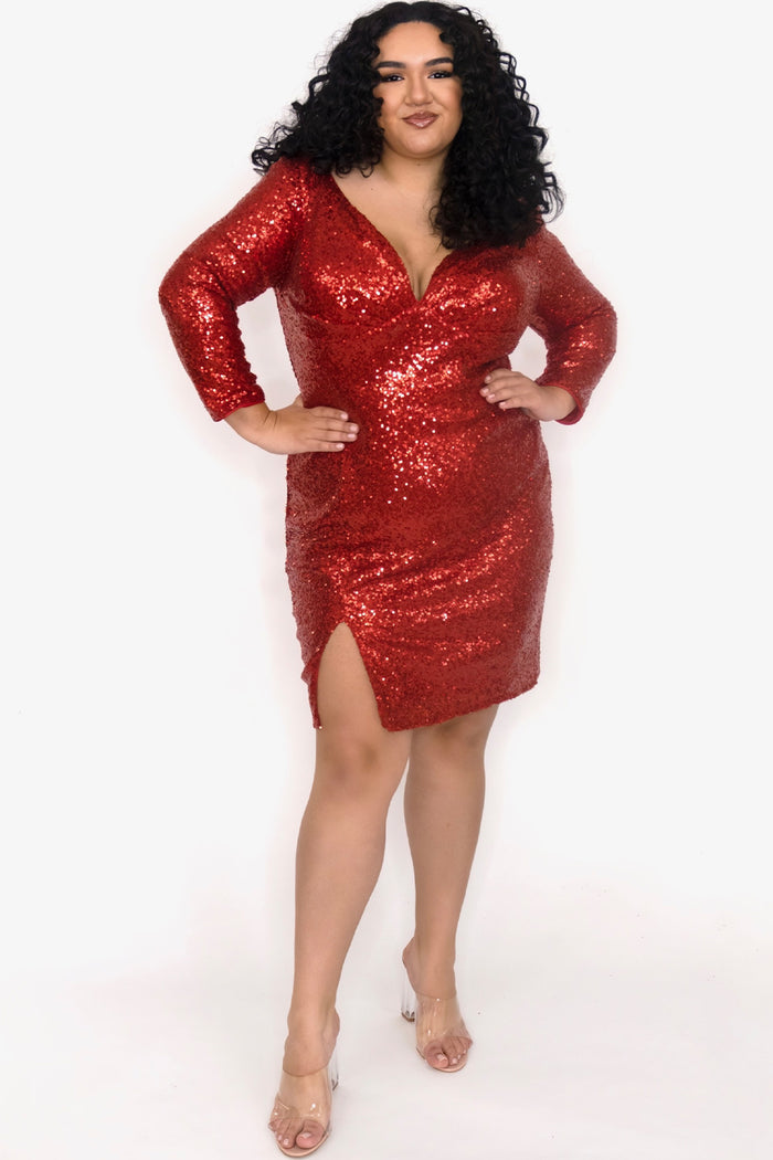 Ruby Red Plus Size Long Sleeve Sequin Party Dress
