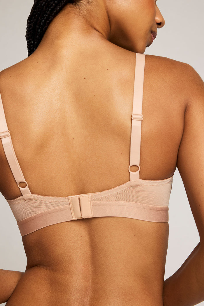 Buff balconette bra back view, adjustable straps, hook-and-eye closure, mesh trim