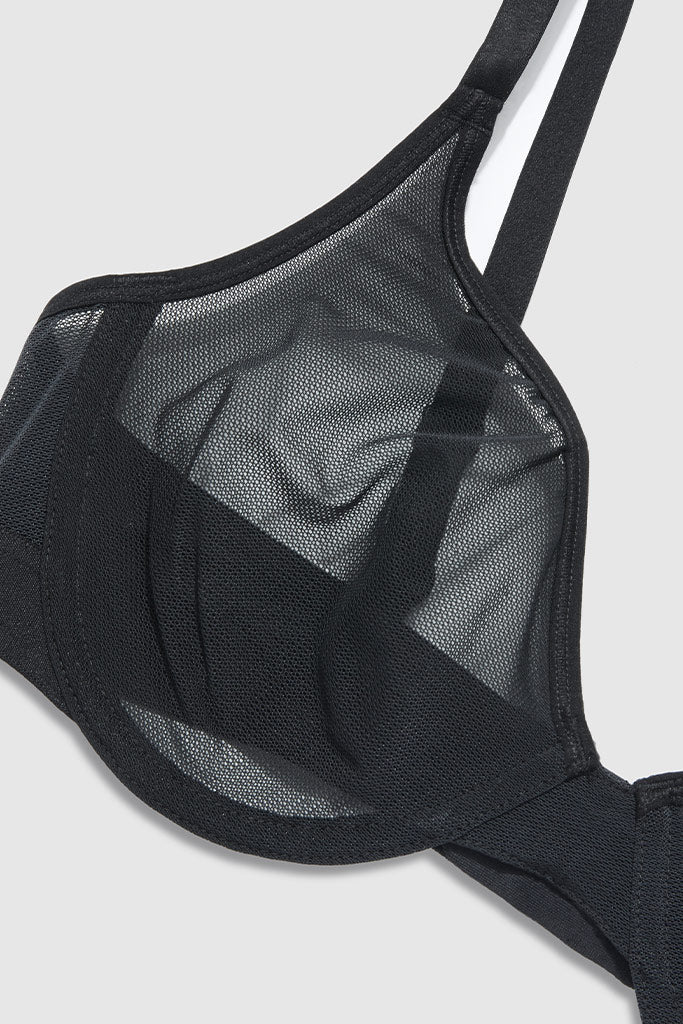 Black mesh demi bra with sheer cups and thin adjustable straps