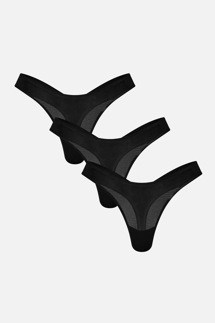 Black thong underwear pack of three, high-cut mesh briefs