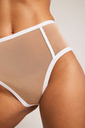 Buff mesh high brief with white trim and side cutout panel