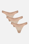 Three pairs of sheer nude mesh thong panties with solid beige elastic waistbands, arranged diagonally on a light gray background.