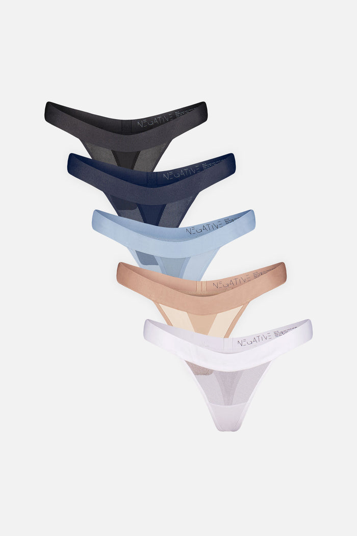 Set of 5 Sieve thongs in cool tones: black, navy, light blue, pale blue, white