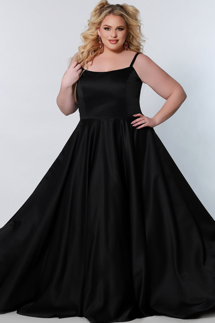 CE2202 Celebrations by Sydney's Closet aline silhouette with scoop neckline and pockets dress features sweep train and zipper back closure available in black and white