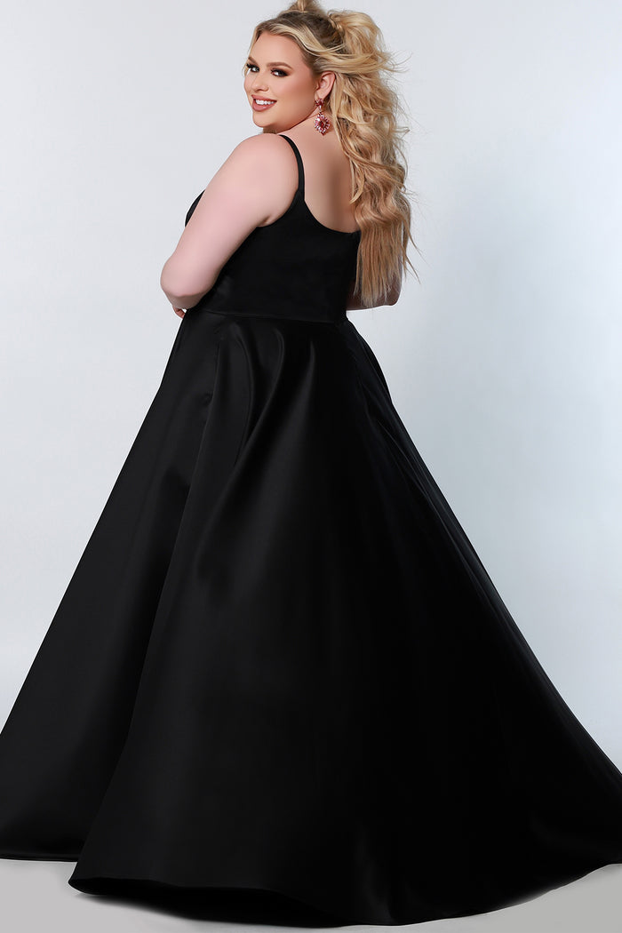 CE2202 Celebrations by Sydney's Closet aline silhouette with scoop neckline and pockets dress features sweep train and zipper back closure available in black and white