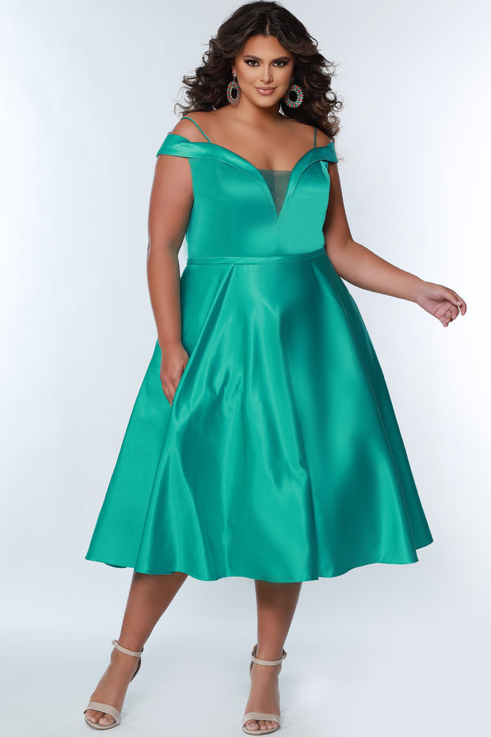 Simply Divine Plus Size Aqua Satin Tea-Length Dress