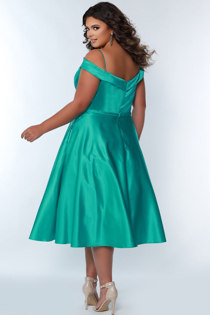 Simply Divine Plus Size Aqua Satin Tea-Length Dress