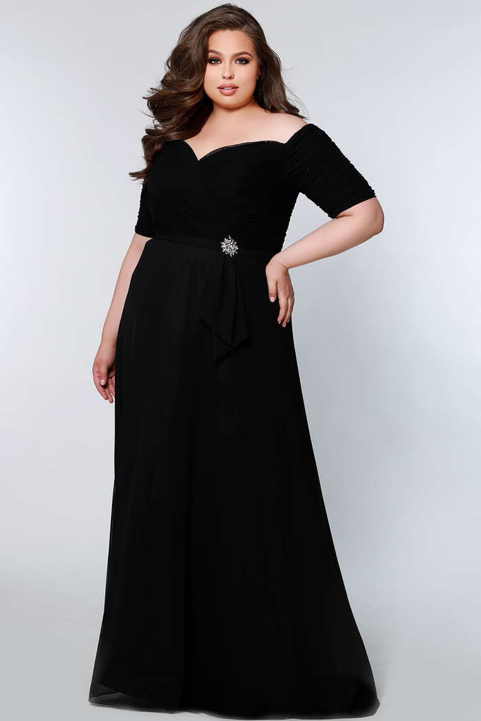 Celebrations by Sydney's Closet off the shoulder fully lined aline evening gown with rouched bodice available in black, charcoal grey and royal blue sizes 14-32. CE2009 by Sydney's Closet with sleeves