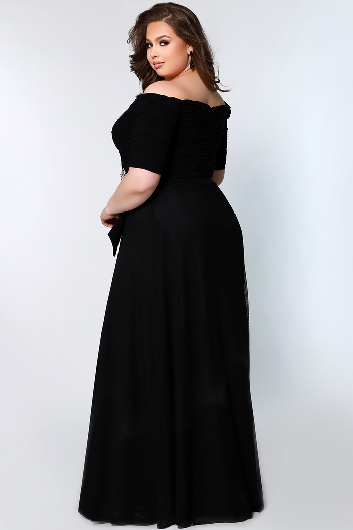 Celebrations by Sydney's Closet off the shoulder fully lined aline evening gown with rouched bodice available in black, charcoal grey and royal blue sizes 14-32. CE2009 by Sydney's Closet with sleeves