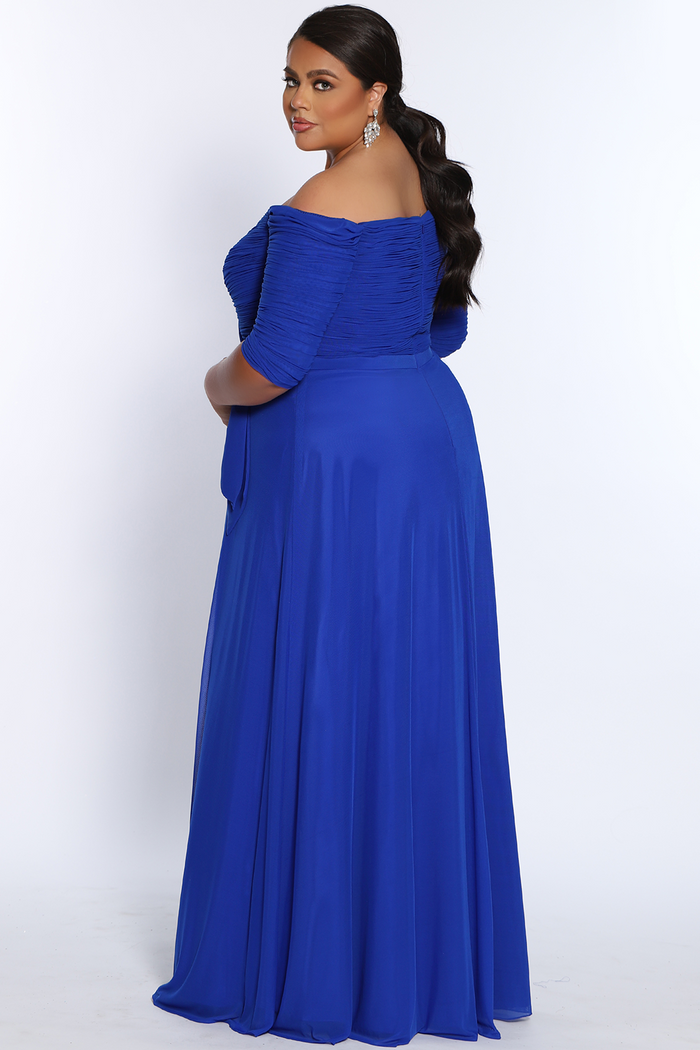 Celebrations by Sydney's Closet off the shoulder fully lined aline evening gown with rouched bodice available in black, charcoal grey and royal blue sizes 14-32. CE2009 by Sydney's Closet with sleeves