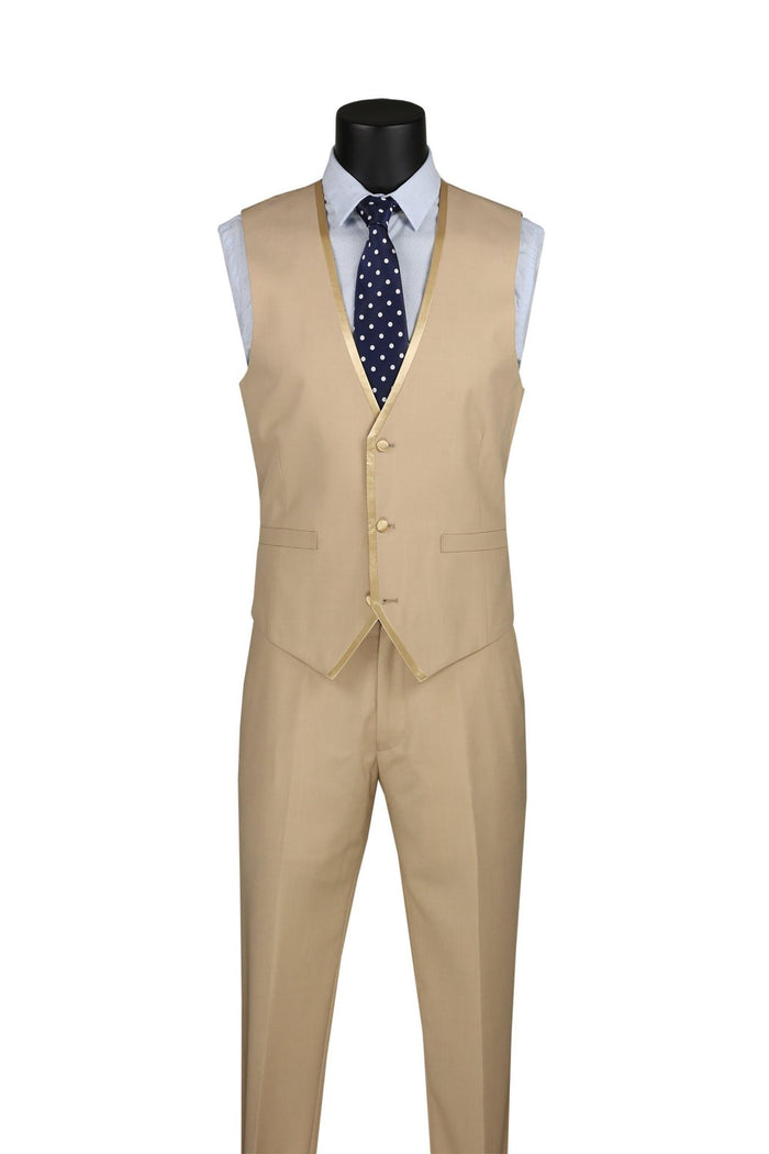 Slim Fit 3-Piece Vested Suit with Satin Trim Lapel – Beige- Udine Collection - Upscale Men's Fashion