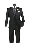 Slim Fit 3-Piece Vested Suit with Satin Trim Lapel – Black - Udine Collection - Upscale Men's Fashion