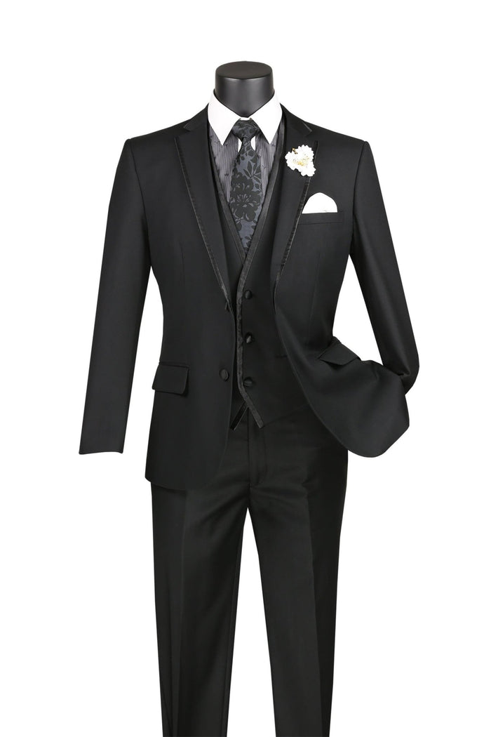 Slim Fit 3-Piece Vested Suit with Satin Trim Lapel – Black - Udine Collection - Upscale Men's Fashion